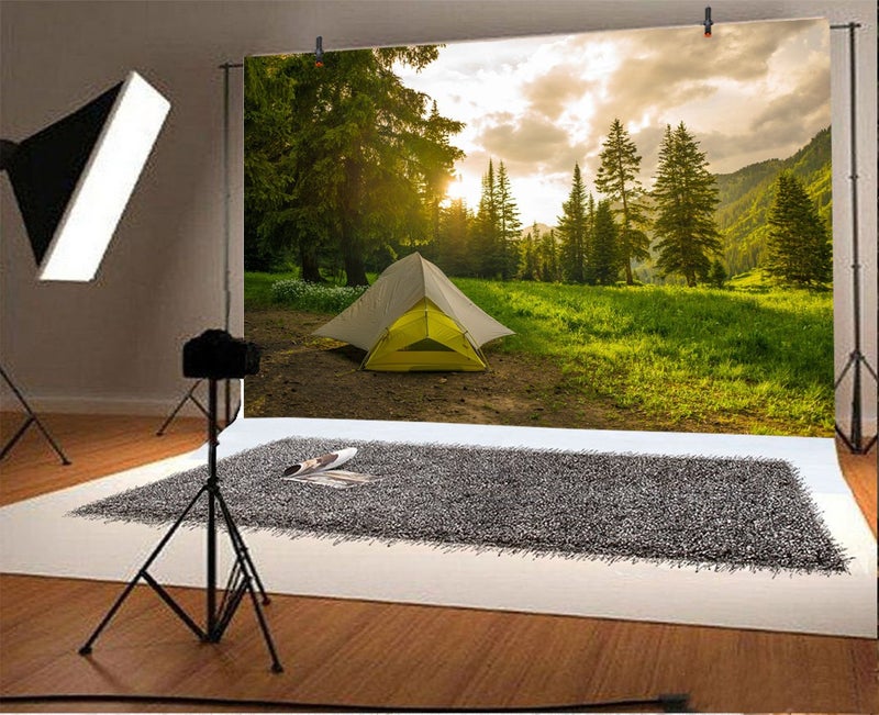 LFEEY 5x3ft Pine Forest Camping Backdrop for Photoshoot Sunrise Outdoor Travel Mountains Landscape Grassland Camp Tents Background for Photography Kids Birthday Holiday Vacation Photo Shoot Props - Image 2